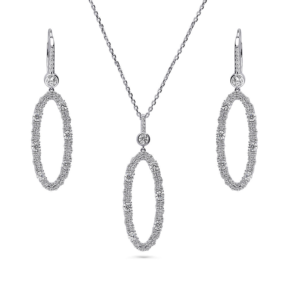Sterling Silver Cluster Open Oval CZ Fashion Necklace and Earrings