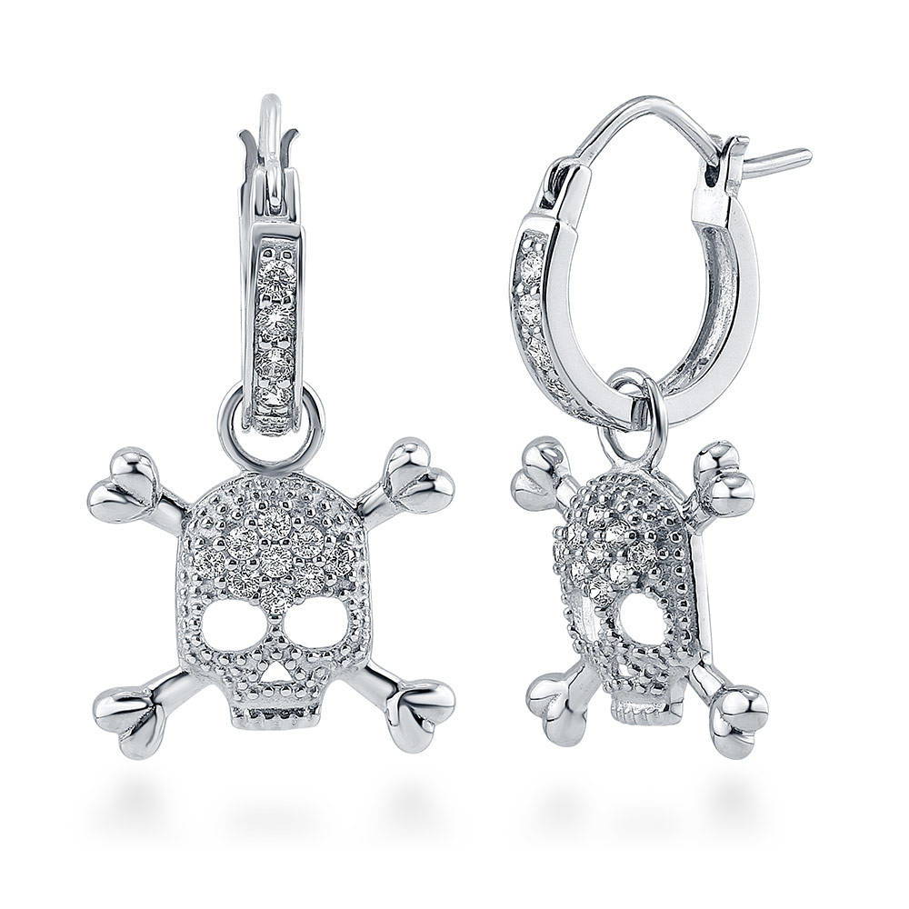 Skull Bones CZ Dangle Earrings in Sterling Silver