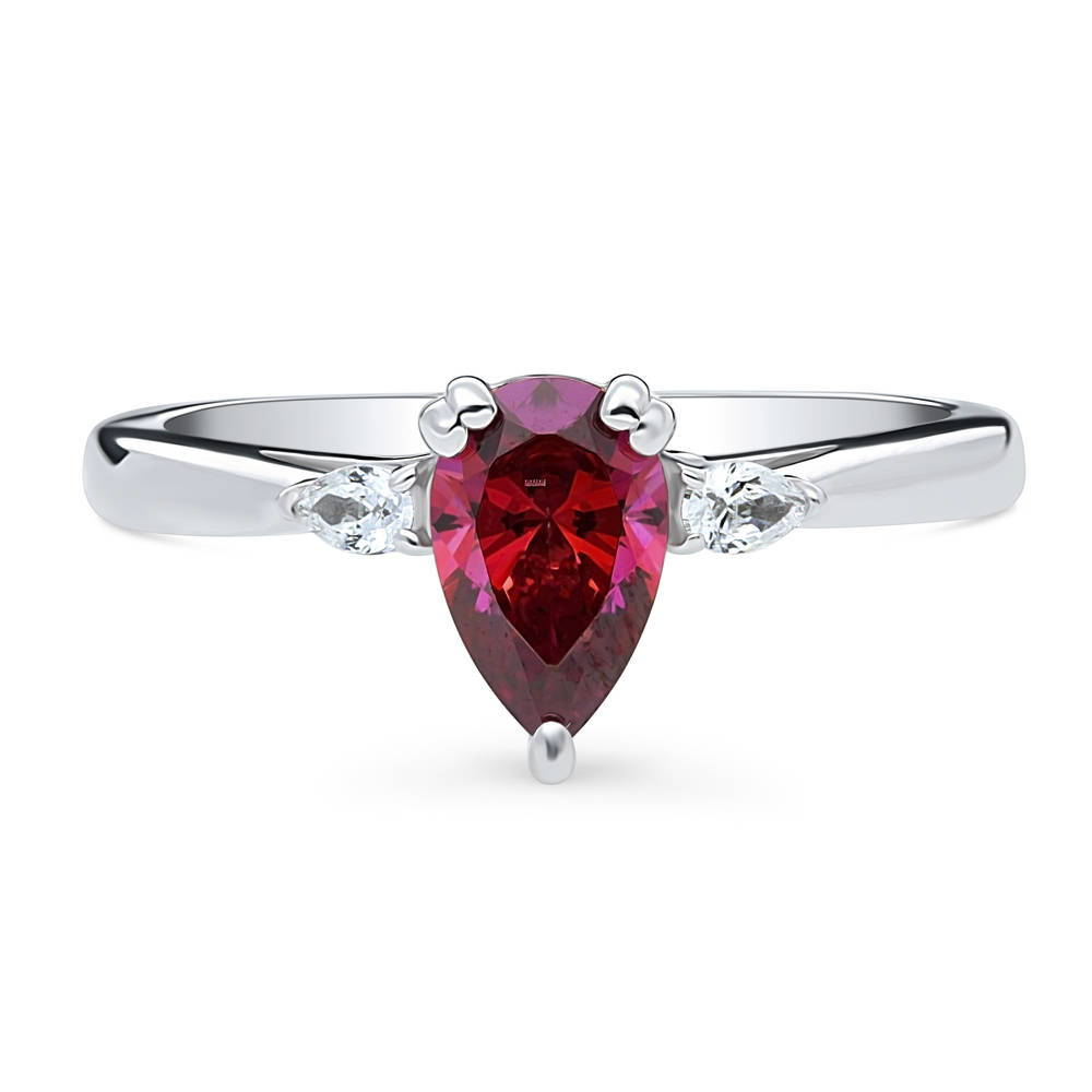 3-Stone Red Pear CZ Ring in Sterling Silver