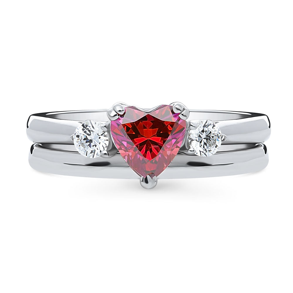 Sterling Silver 3-Stone Heart Red CZ Wedding Engagement Ring Set