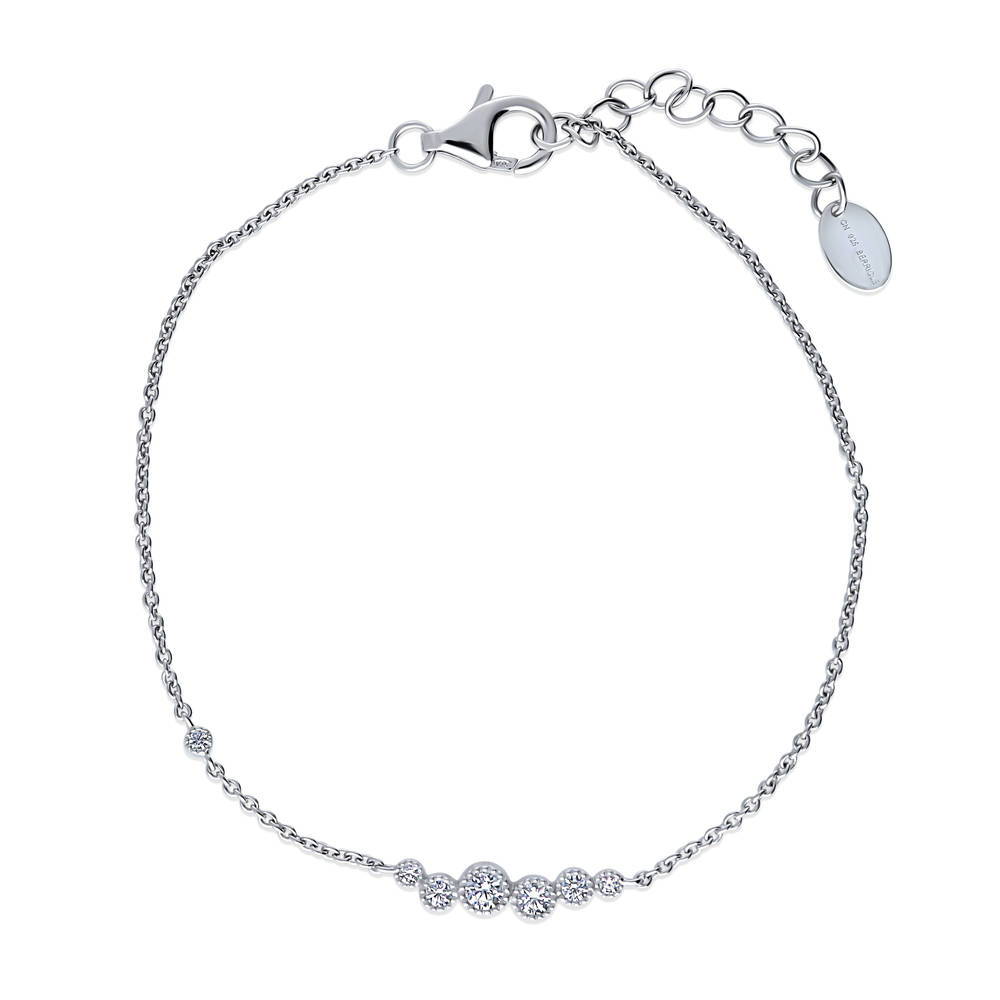 Bubble Bar CZ Rolo Chain Bracelet in Sterling Silver, Rhodium Plated