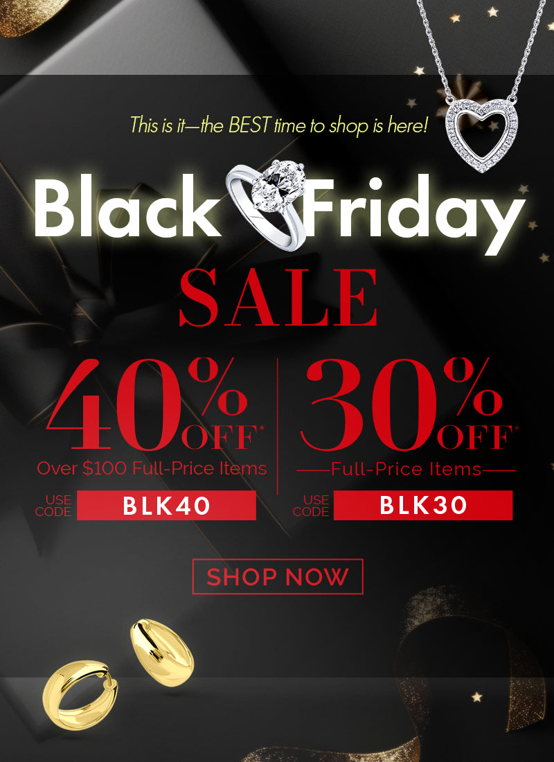 Black Friday Sale banner featuring '40% OFF $100+ Full-Price Items' with code BLK40 and '30% OFF Full-Price Items' with code BLK30. Sleek black and red design with a gift box and ring image for a luxurious touch.