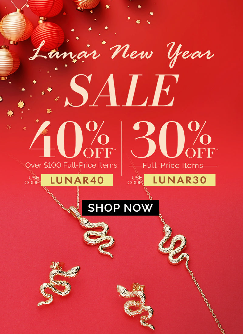 Lunar New Year Sale banner featuring 40% off over $100 full-price items and 30% off full-price items with code LUNAR40 and LUNAR30. Shop now for jewelry featuring gold snake designs.