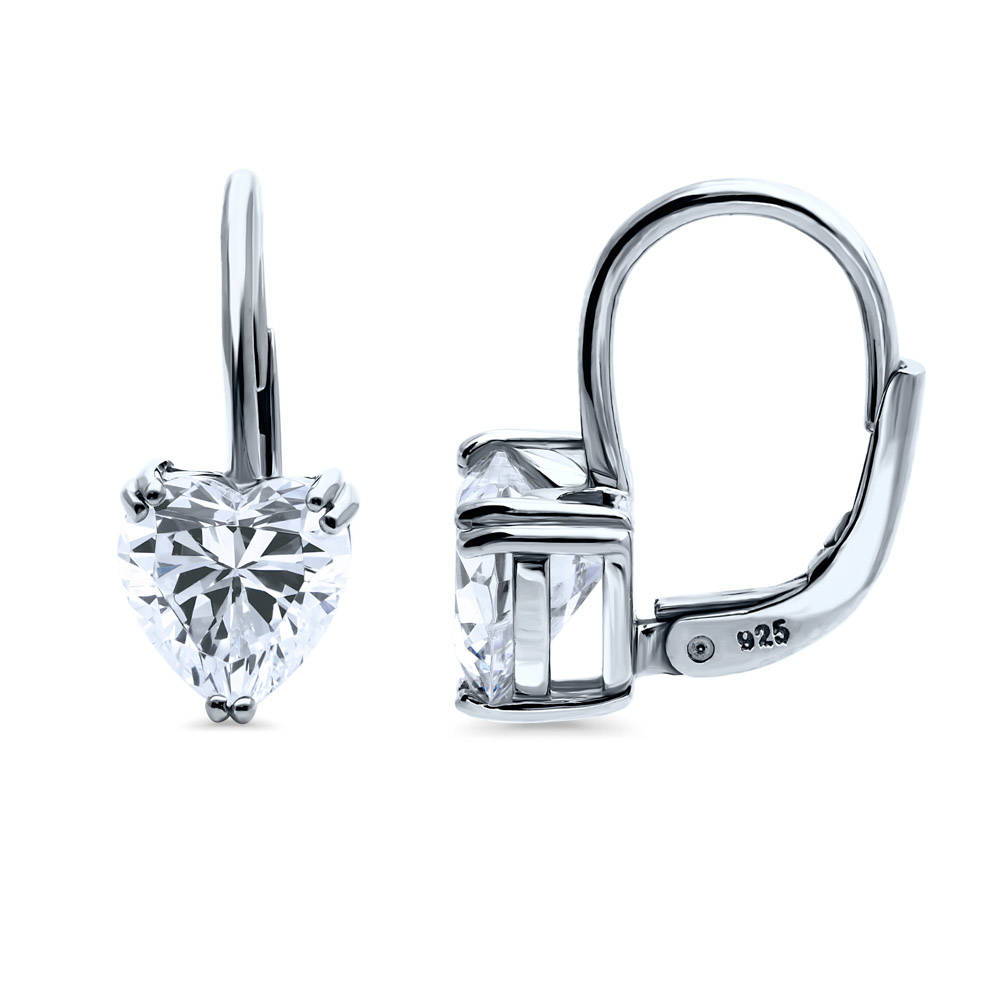 Solitaire Heart Heart CZ Leverback Earrings in Sterling Silver