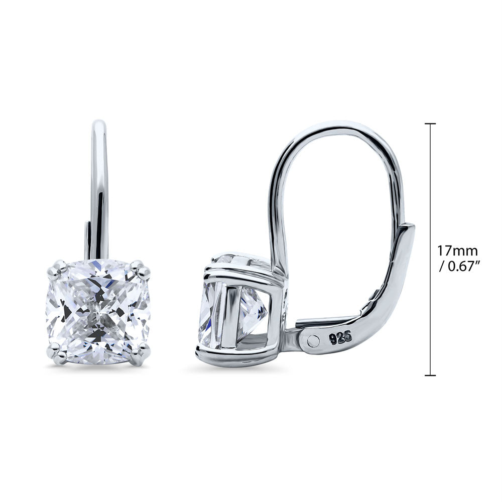 Front view of Solitaire 4ct Cushion CZ Leverback Earrings in Sterling Silver, Rhodium Plated