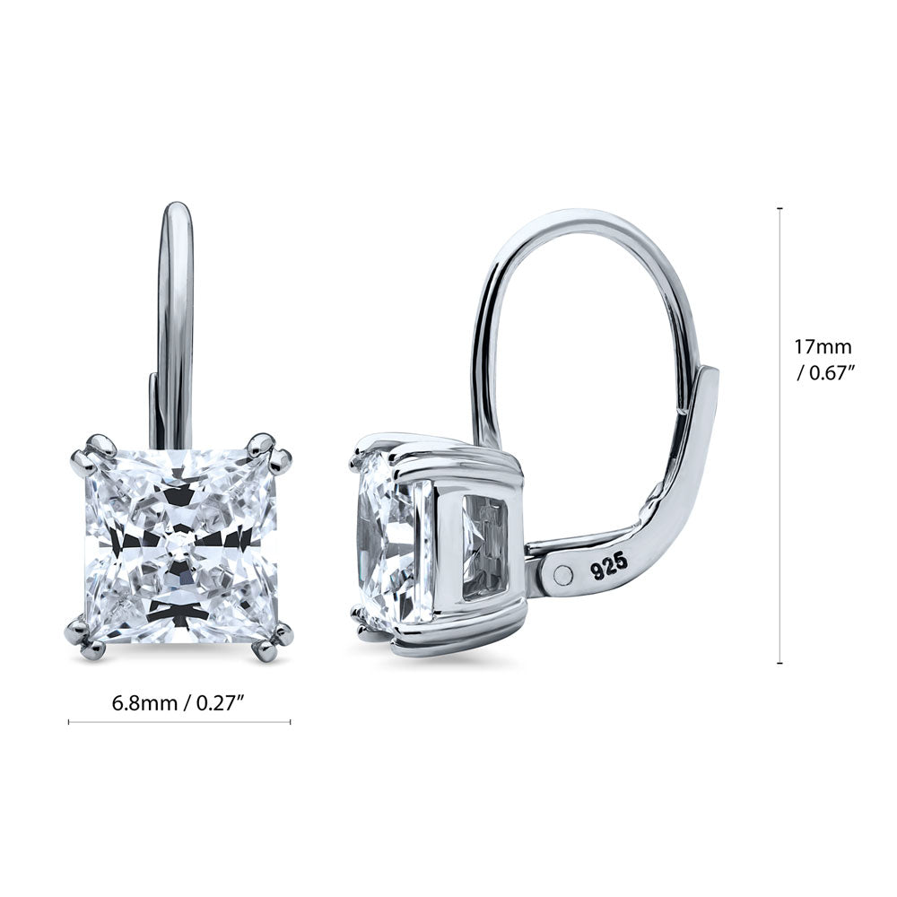 Front view of Solitaire 4ct Princess CZ Leverback Earrings in Sterling Silver, Rhodium Plated