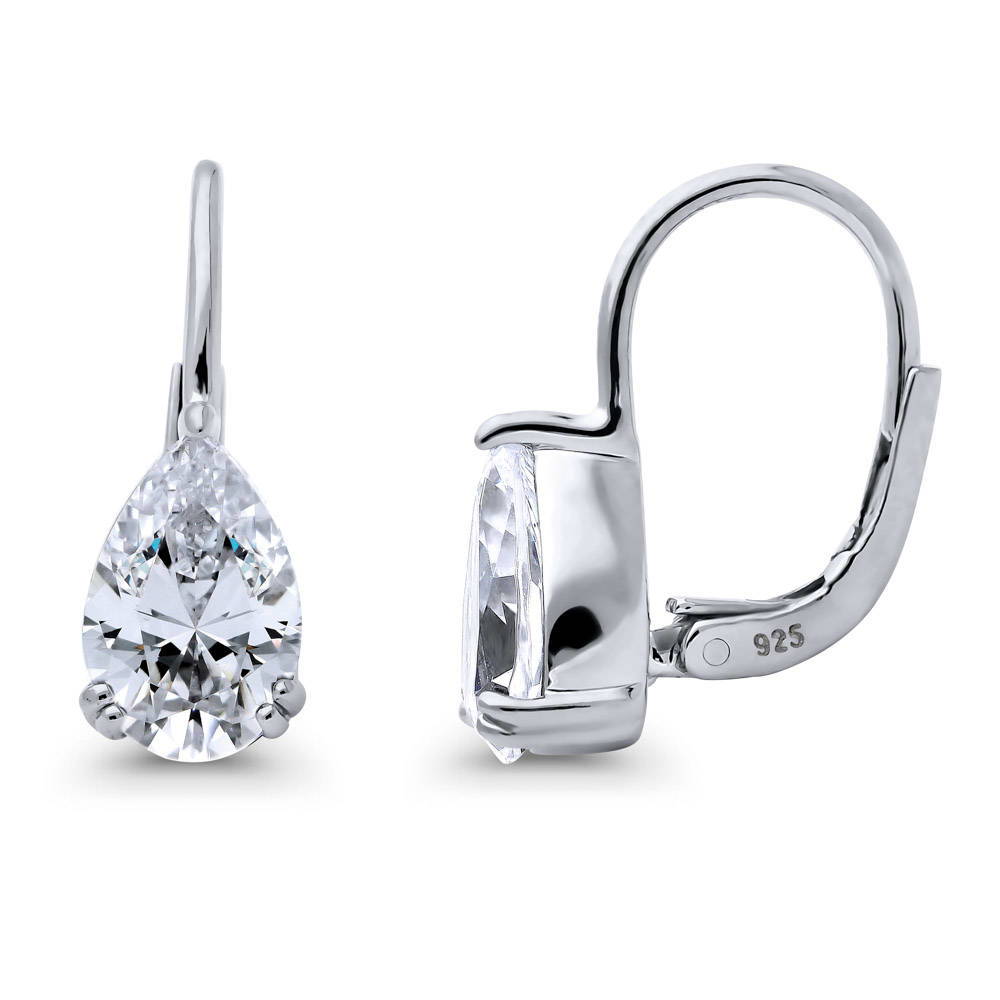 Solitaire Pear CZ Leverback Earrings in Sterling Silver, 5 of 12