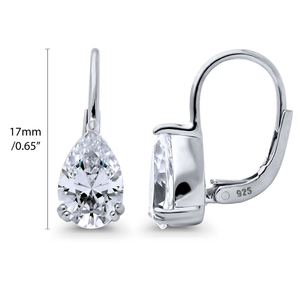 Front view of Solitaire Pear CZ Leverback Earrings in Sterling Silver, 6 of 12