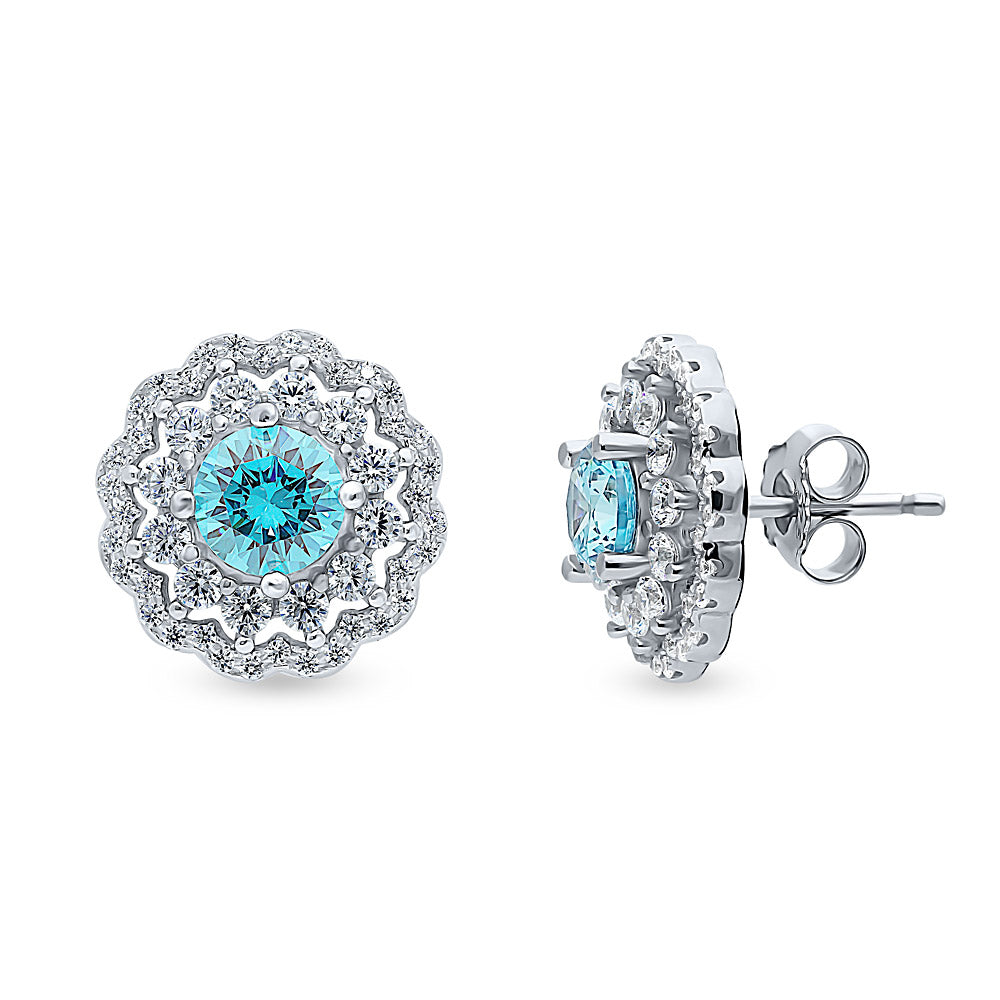 Flower Halo Blue CZ Stud Earrings in Sterling Silver, 1 of 5