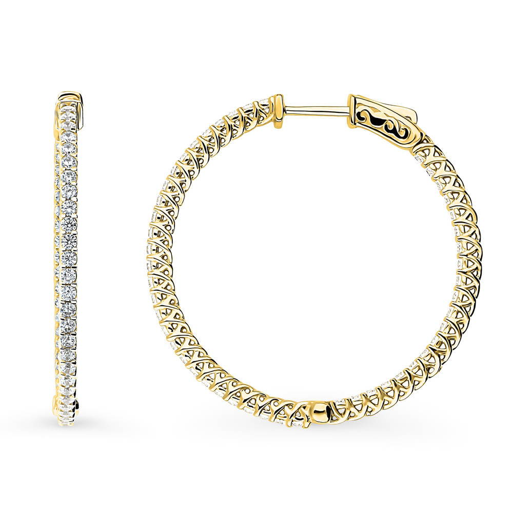 CZ Medium Inside-Out Hoop Earrings in Sterling Silver 1.4 inch, Yellow Gold Flashed