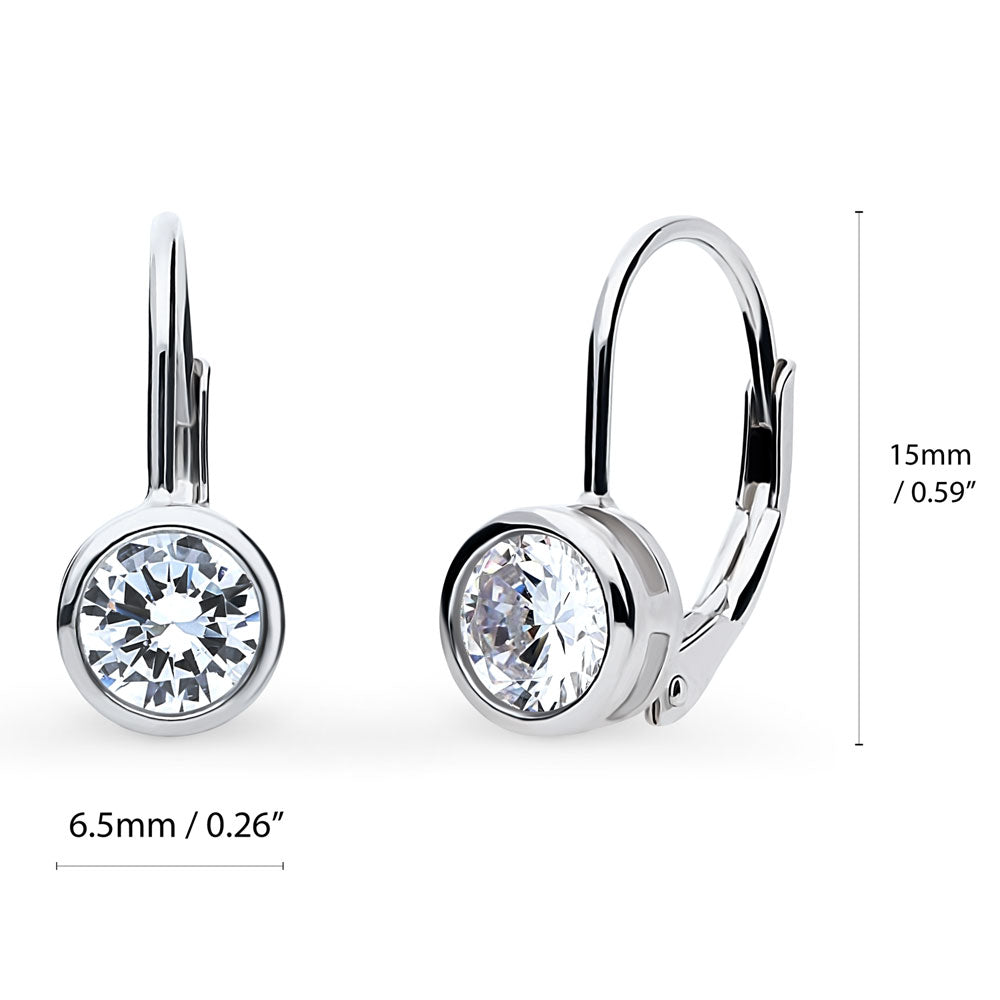 Front view of Solitaire 1.2ct Bezel CZ Leverback Earrings in Sterling Silver, Rhodium Plated