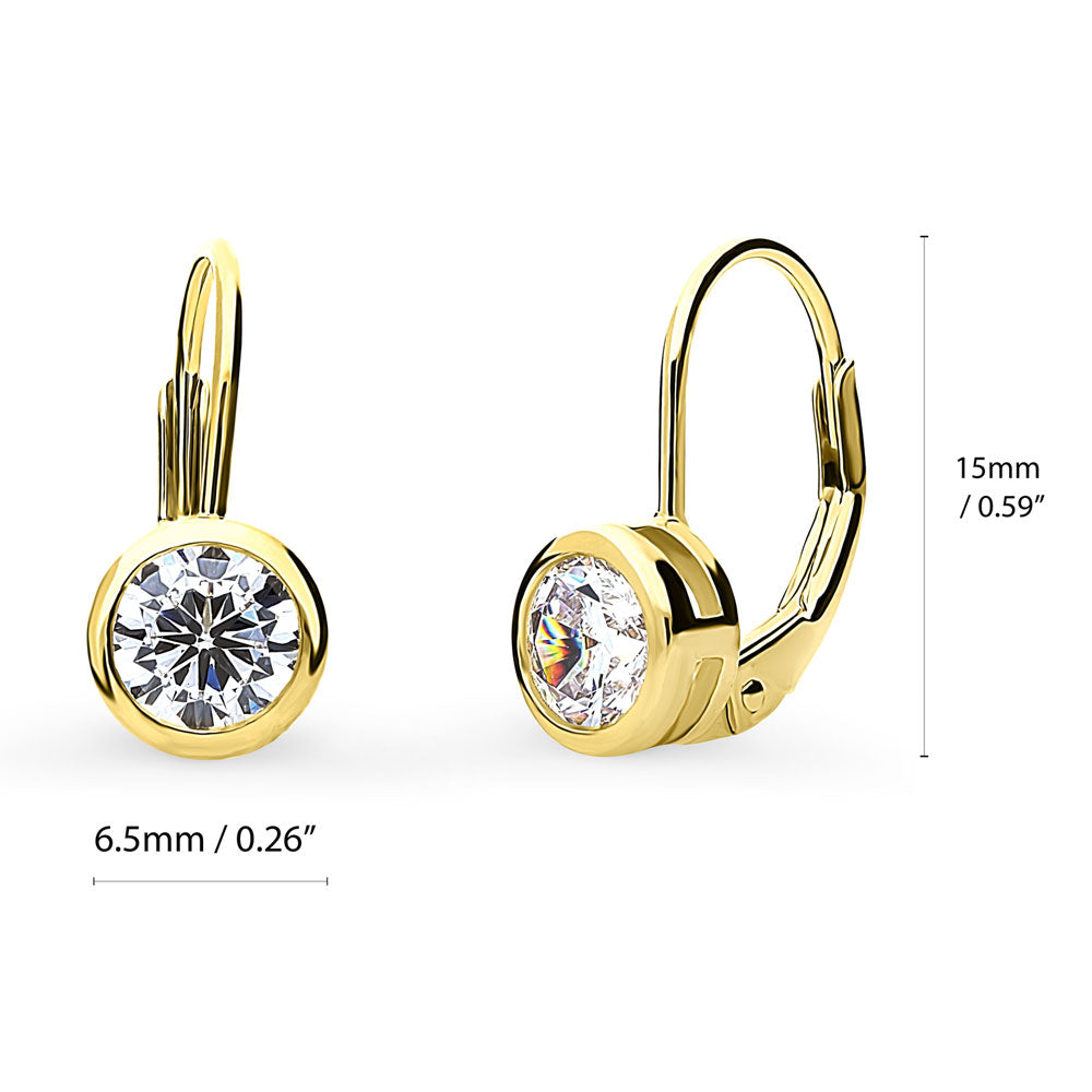 Angle view of Solitaire 1.2ct Bezel CZ Leverback Earrings in Sterling Silver, Yellow Gold Flashed