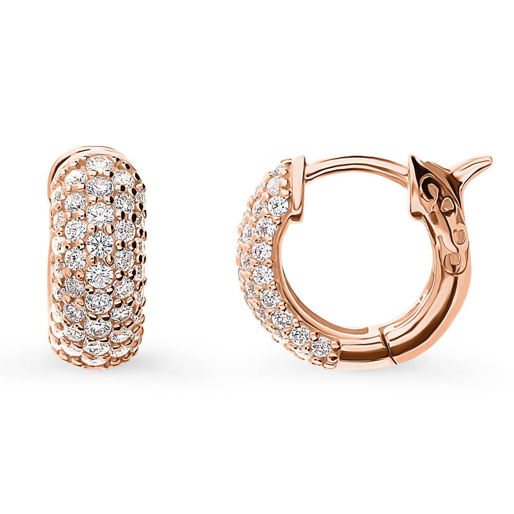 Front view of Dome CZ Small Huggie Earrings in Sterling Silver 0.5 inch, Rose Gold Flashed