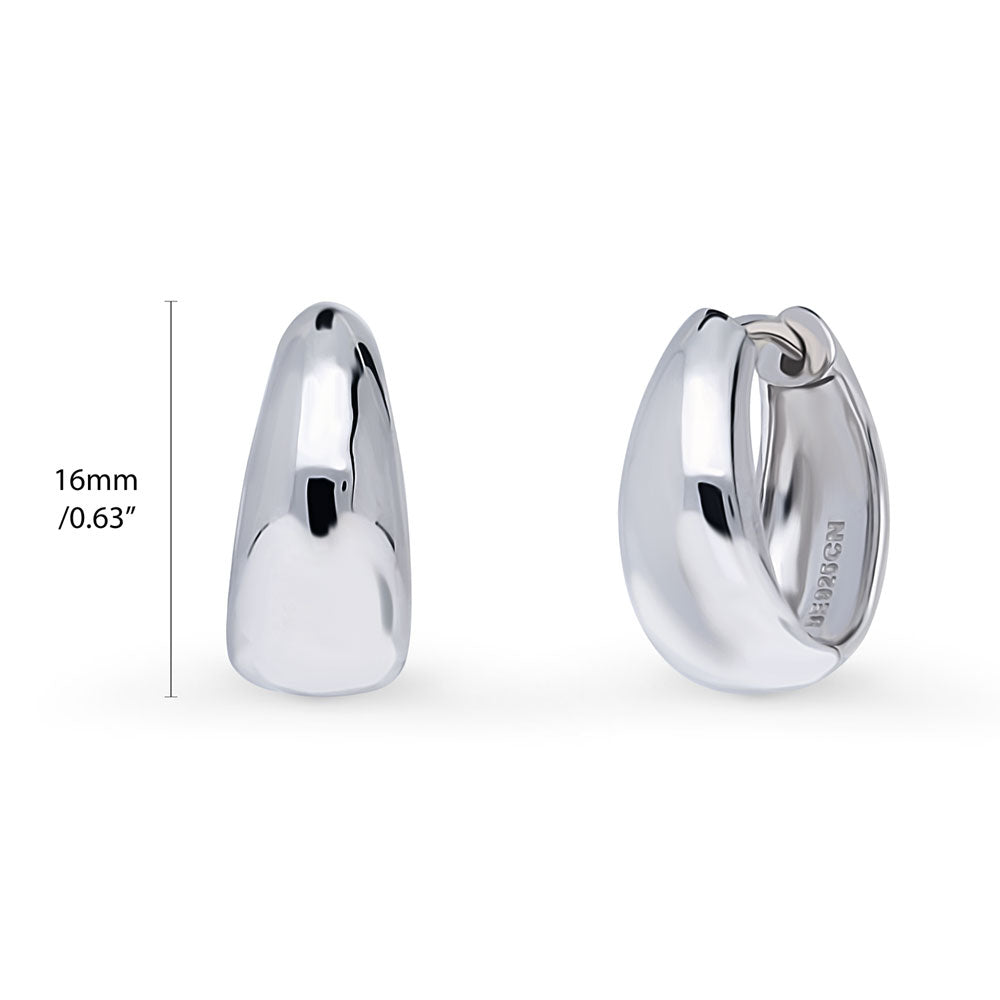 Front view of Oval Dome Medium Huggie Earrings in Sterling Silver 0.63 inch, Rhodium Plated