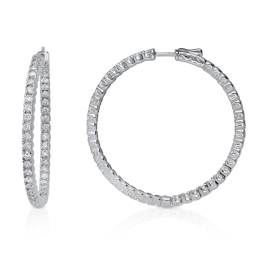 Front view of CZ Large Inside-Out Hoop Earrings in Sterling Silver 1.9 inch, Rhodium Plated