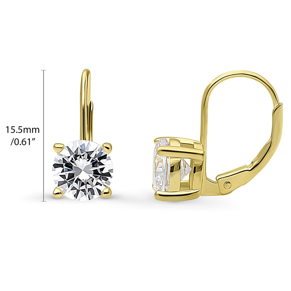 Front view of Solitaire CZ Leverback Earrings in Gold Flashed Sterling Silver, 7mm