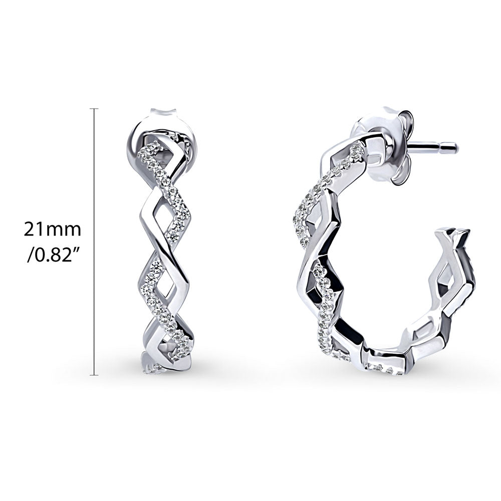 Front view of Woven CZ Medium Hoop Earrings in Sterling Silver 0.8 inch, Rhodium Plated