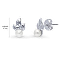 Front view of Leaf Imitation Pearl Set in Sterling Silver, Rhodium Plated