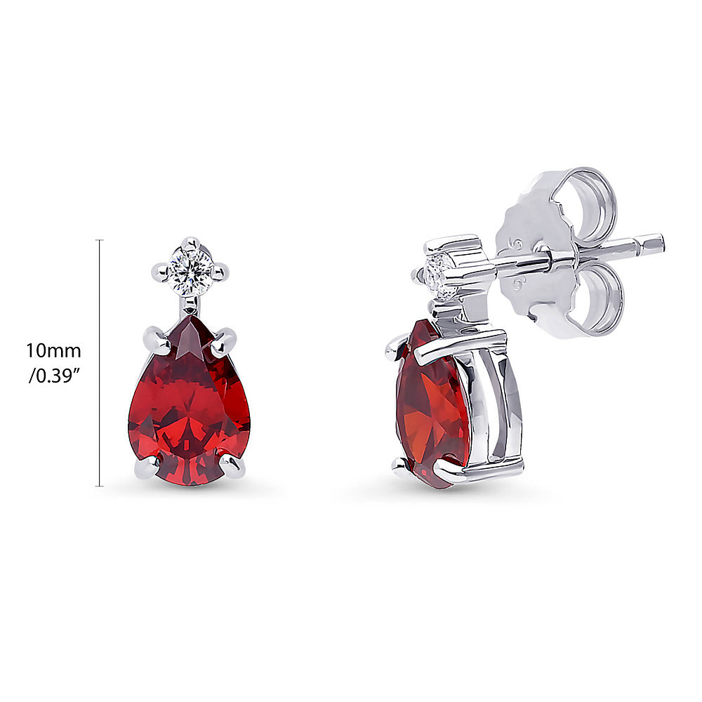 Front view of Solitaire 2-Stone Pear Stud Earrings in Sterling Silver 1.4ct, Garnet Color