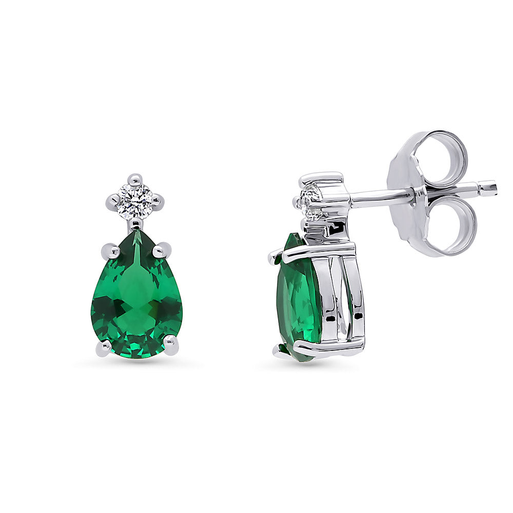 Solitaire 2-Stone Pear Stud Earrings in Sterling Silver 1.4ct, Green Color