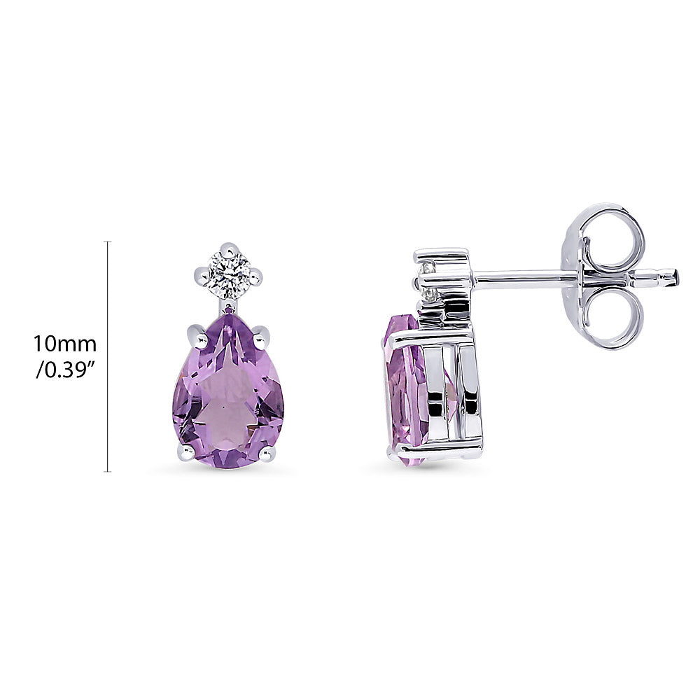 Front view of Solitaire 2-Stone Pear Stud Earrings in Sterling Silver 1.4ct, Purple Color