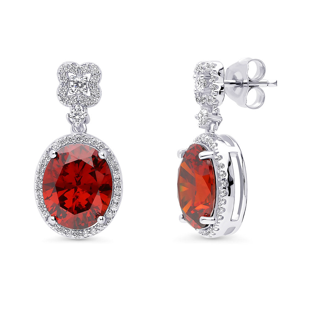 Halo Clover Oval CZ Earrings in Sterling Silver, Red Color