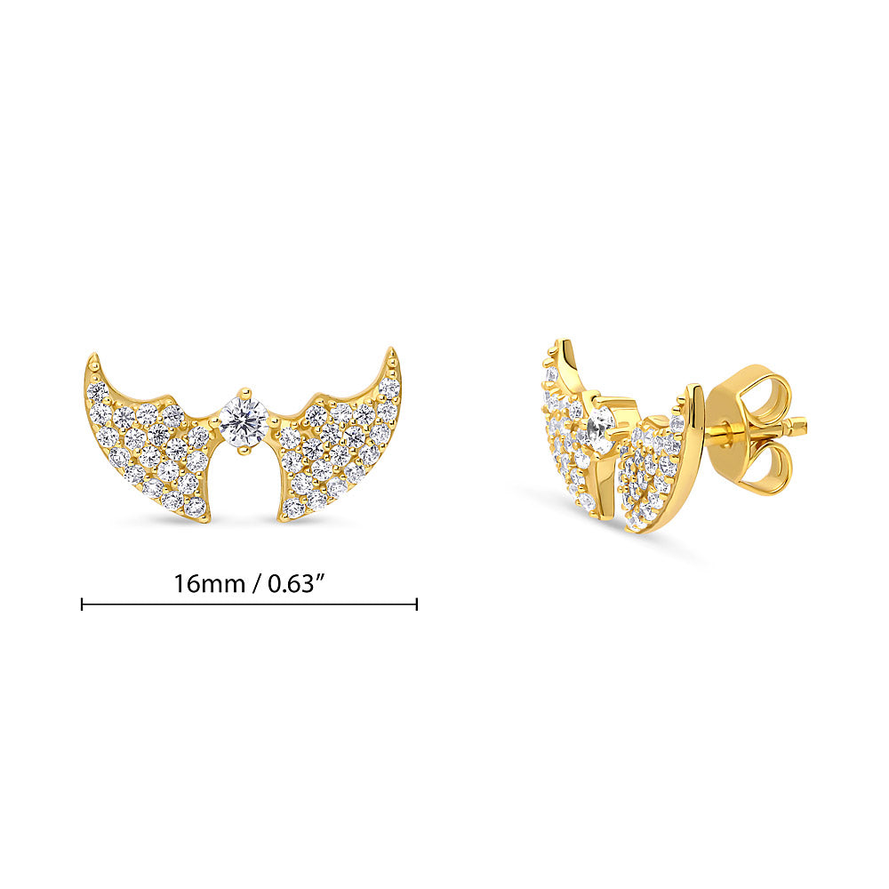 Front view of Bat CZ Stud Earrings in Gold Flashed Sterling Silver, 4 of 5