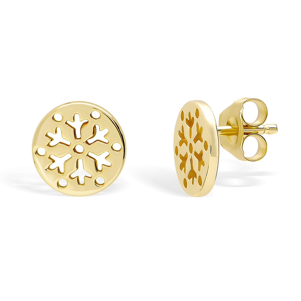 Snowflake Coin Stud Earrings in Sterling Silver, Yellow Gold Flashed