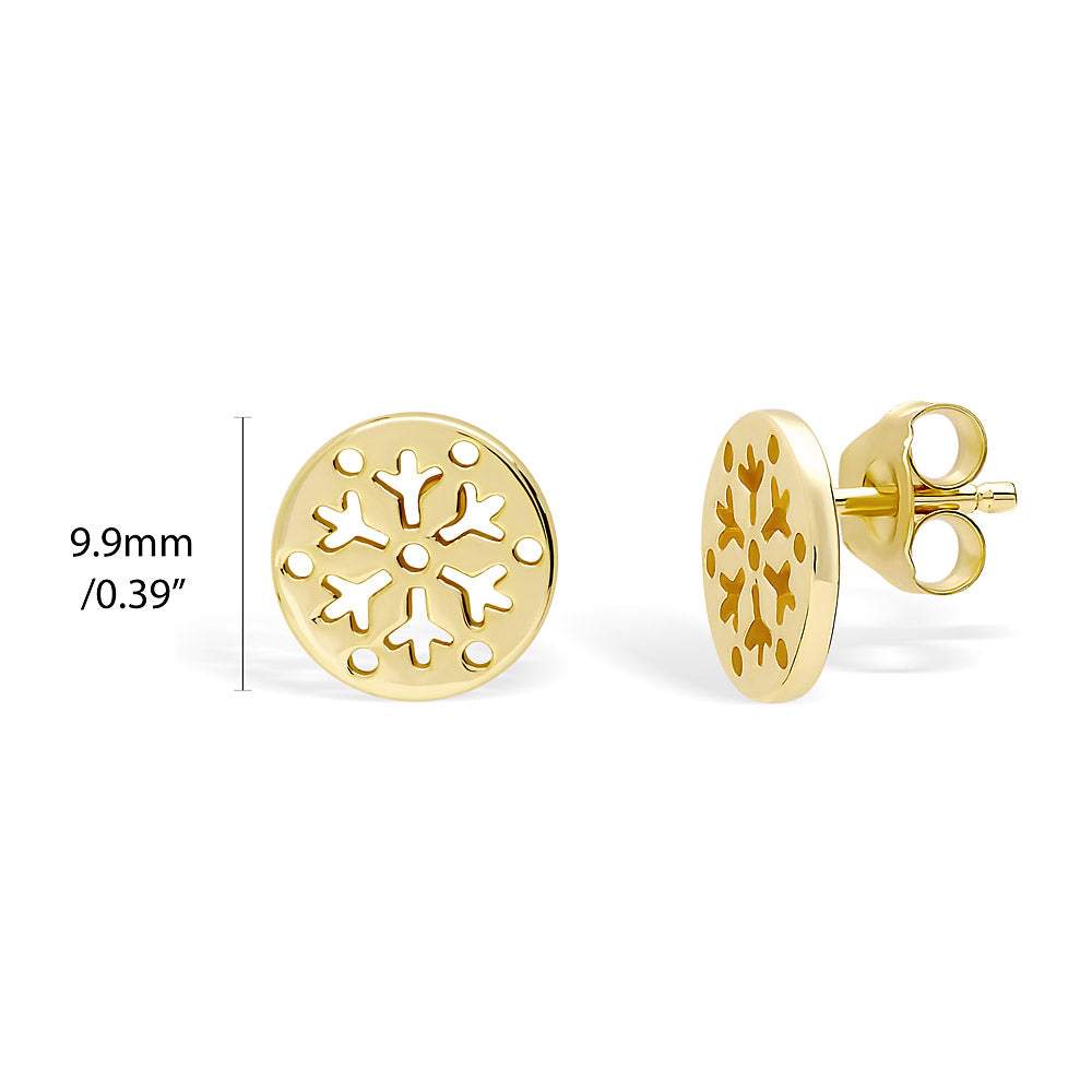 Front view of Snowflake Coin Stud Earrings in Sterling Silver, Yellow Gold Flashed