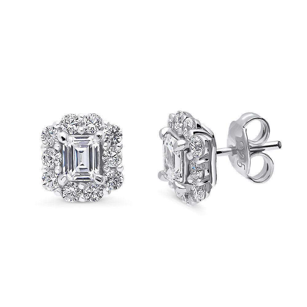 Halo Emerald Cut CZ Stud Earrings in Sterling Silver, 1 of 4