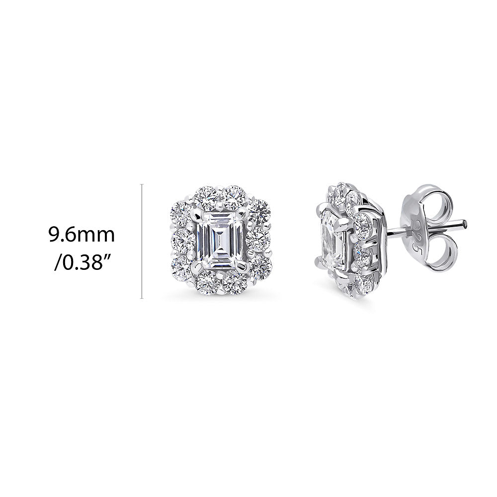 Front view of Halo Emerald Cut CZ Stud Earrings in Sterling Silver, 2 of 4