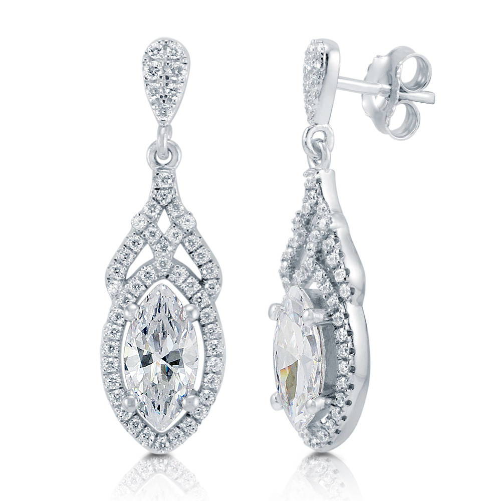 Cubic Zirconia Marquise Wrap Post Drop Earring with Pave Double outlets Halo Teardrop - Silver - Bride, Bridal Earring, Mother Of The Bride