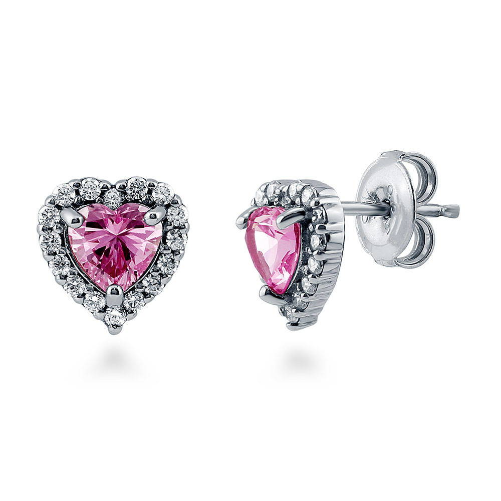 Halo Heart Heart CZ Stud Earrings in Sterling Silver, 5 of 20