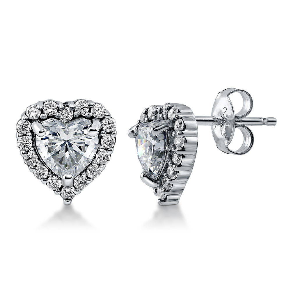 Halo Heart Heart CZ Stud Earrings in Sterling Silver, 7 of 20