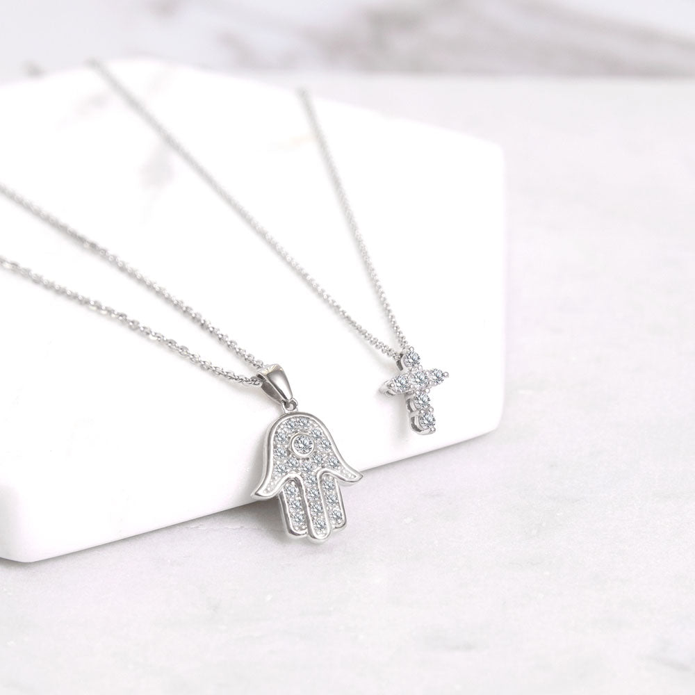 Flatlay view of Cross CZ Pendant Necklace in Sterling Silver, 12 of 12