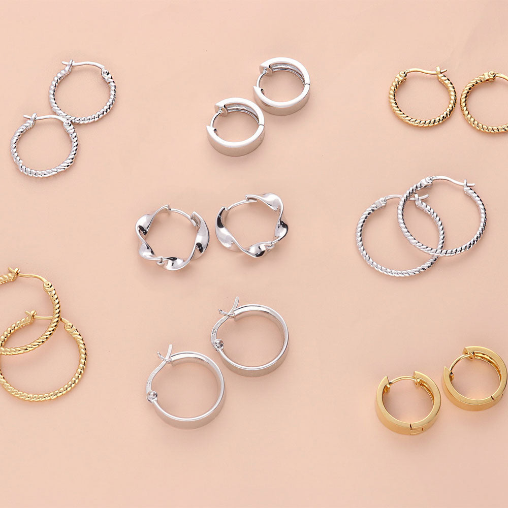 Flatlay view of Cable Hoop Earrings in Sterling Silver, 2 Pairs