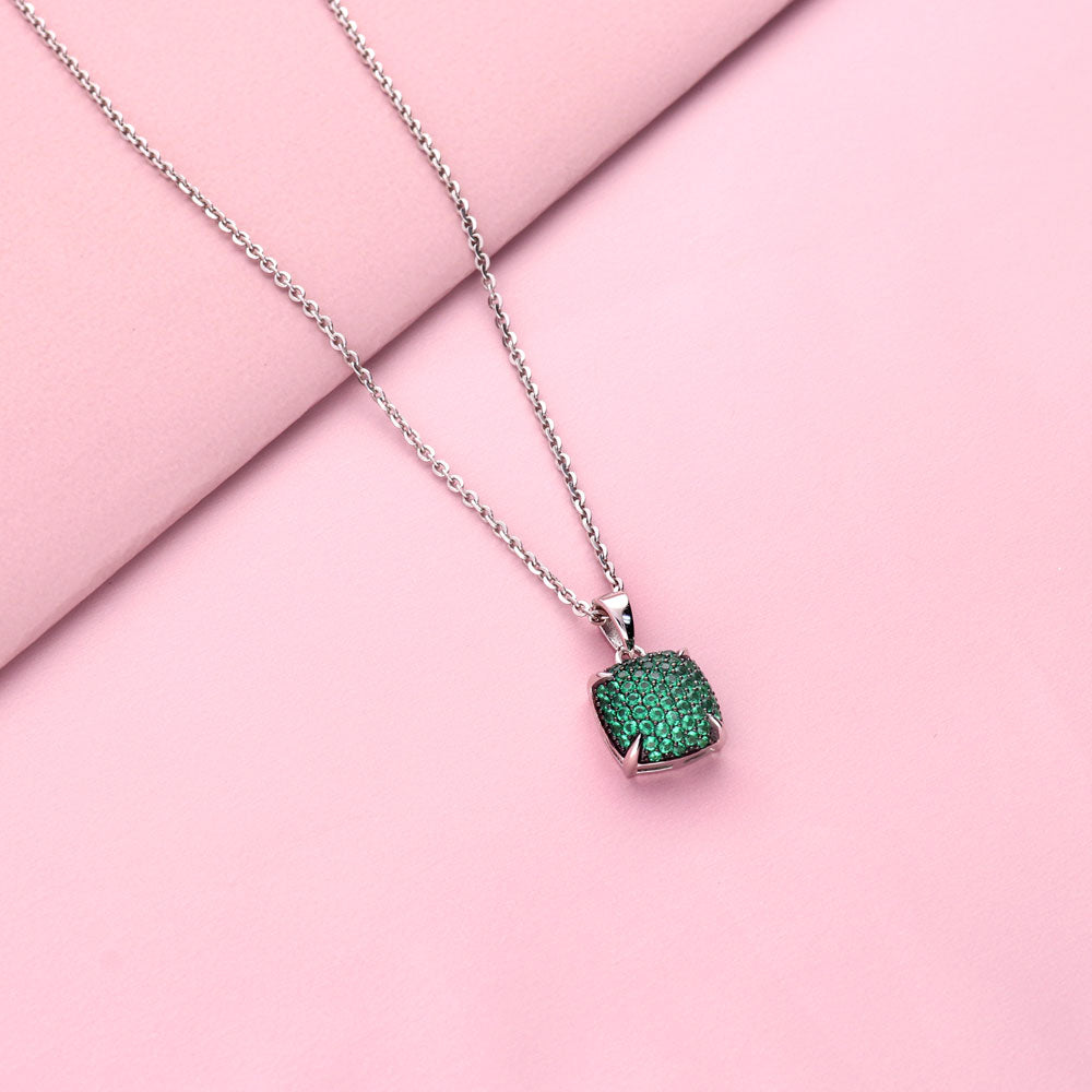 Flatlay view of Square CZ Necklace and Earrings in Sterling Silver, Green Color