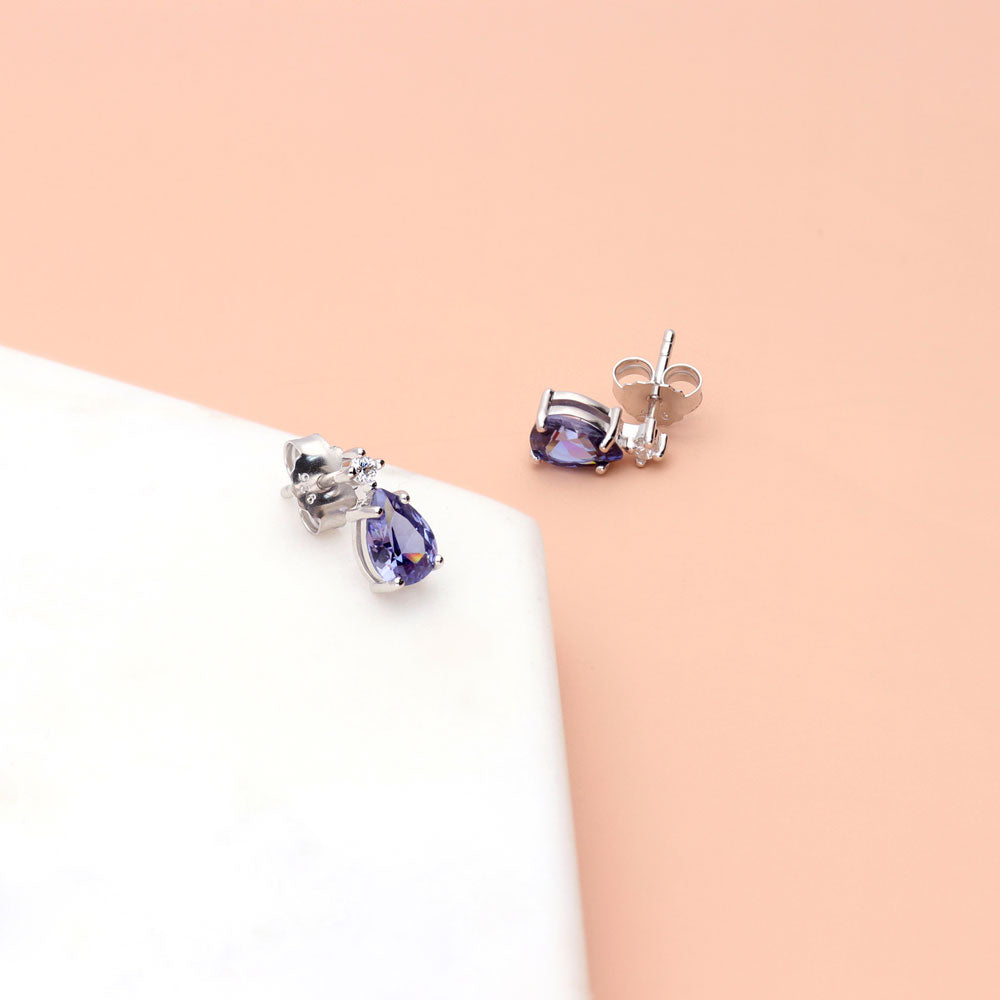 Flatlay view of Solitaire Pear Stud Earrings in Sterling Silver 1.4ct, 9 of 15