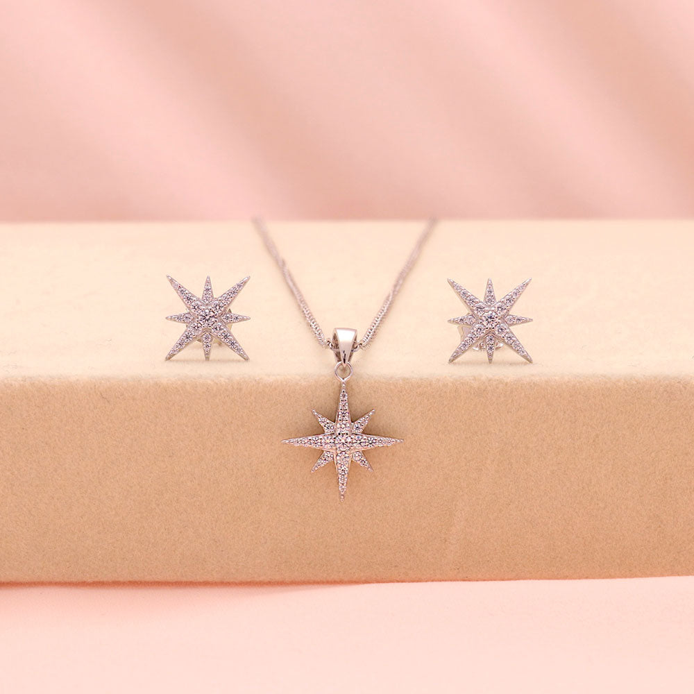 Flatlay view of North Star CZ Necklace and Earrings in Sterling Silver, 11 of 20