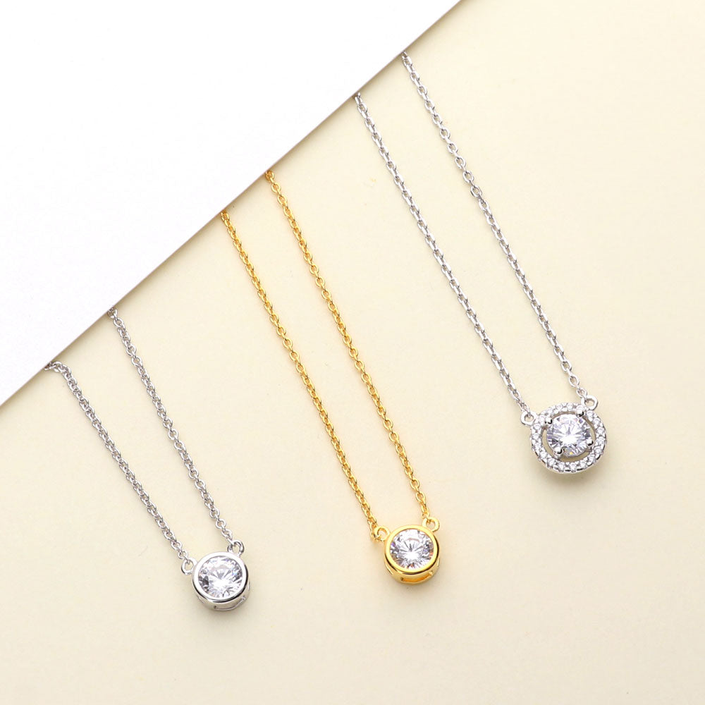 Flatlay view of Solitaire 0.45ct Bezel CZ Mini Necklace in Sterling Silver, Yellow Gold Flashed