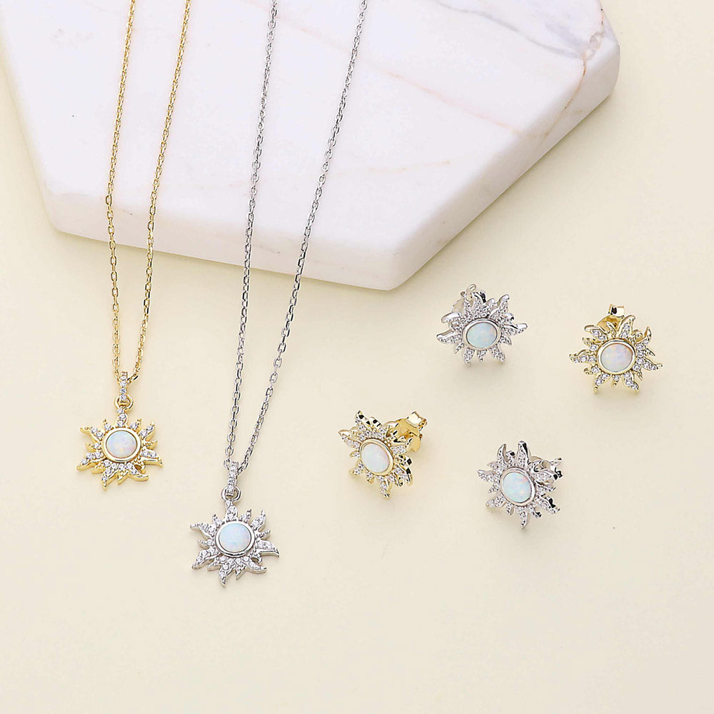 Flatlay view of Sun Sunburst Simulated Opal CZ Set in Sterling Silver, 12 of 17