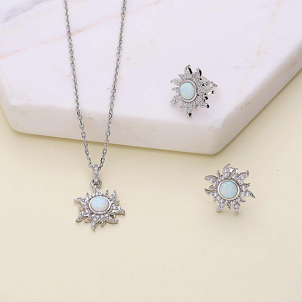 Flatlay view of Sun Sunburst Simulated Opal CZ Set in Sterling Silver, 11 of 17