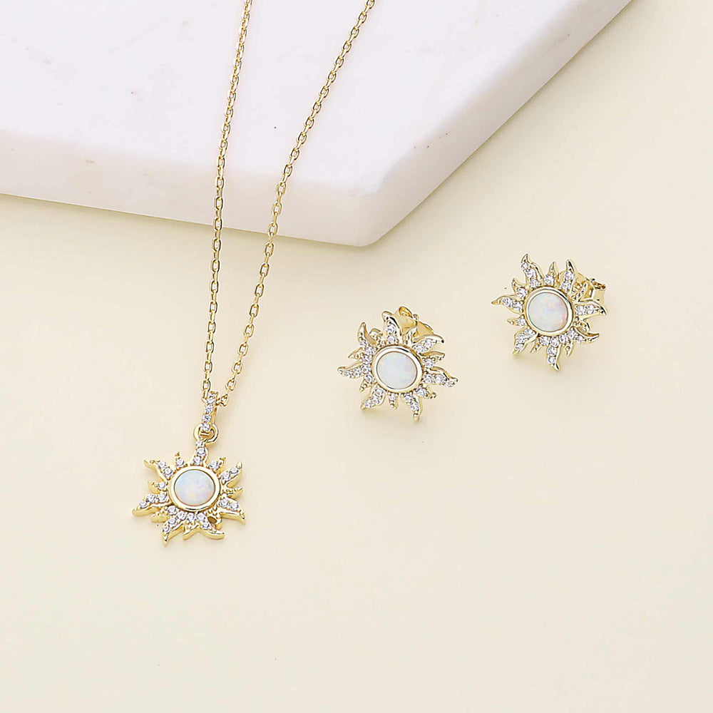 Flatlay view of Sun Sunburst Simulated Opal CZ Set in Sterling Silver, 10 of 17