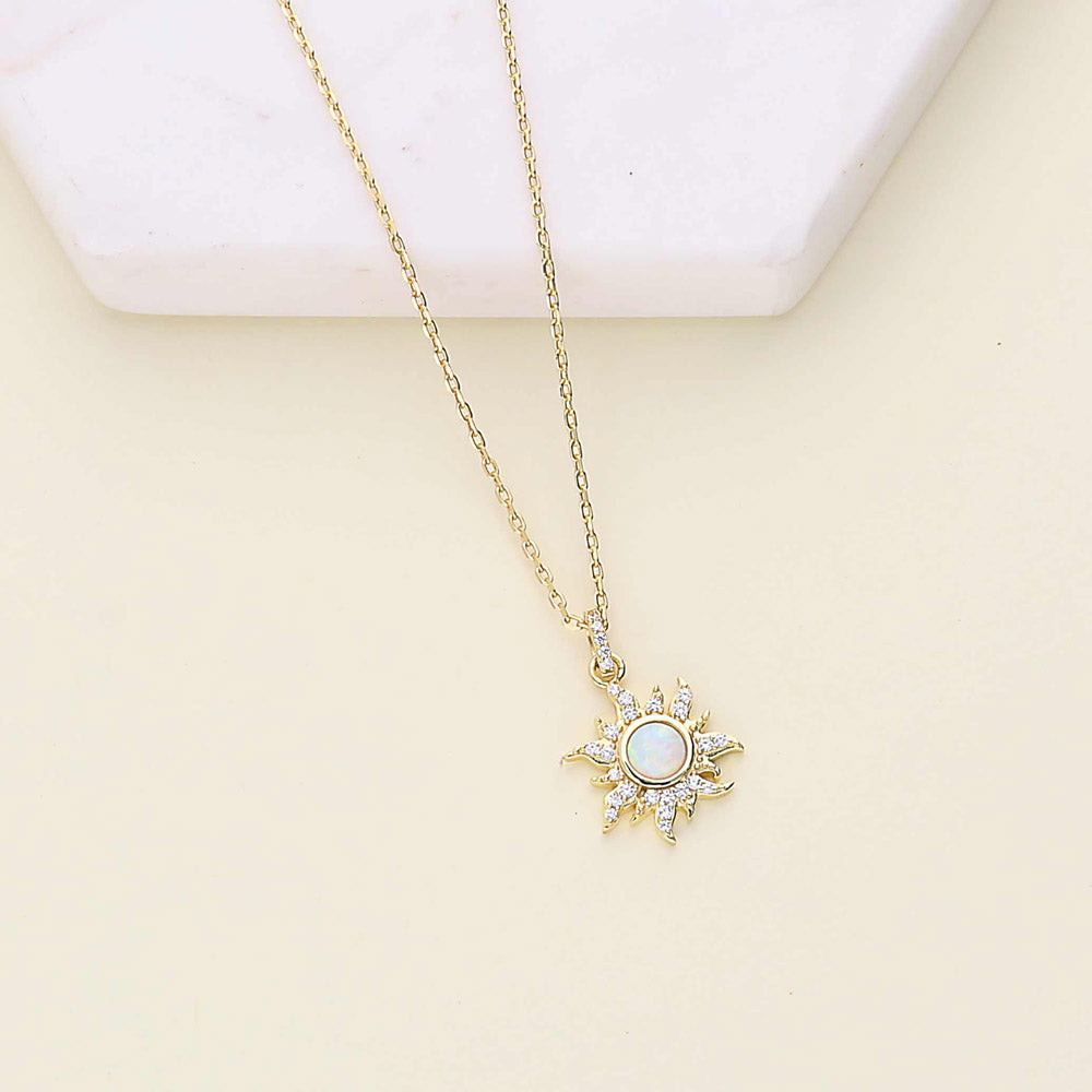 Sunburst Halo Simulated Opal CZ Necklace in Sterling Silver