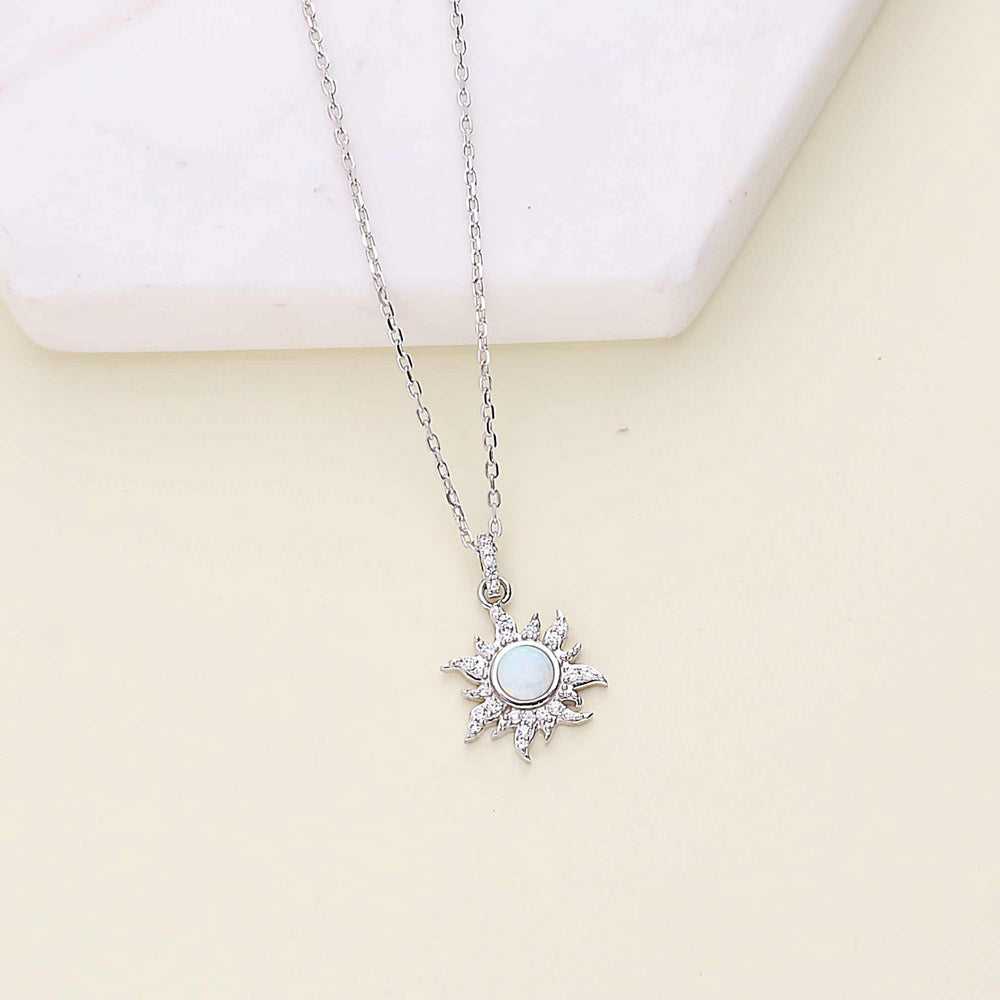 Sunburst Halo Simulated Opal CZ Necklace in Sterling Silver