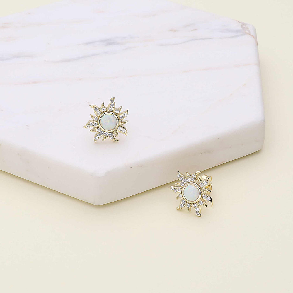 Flatlay view of Sun Sunburst Simulated Opal CZ Set in Sterling Silver, 13 of 17