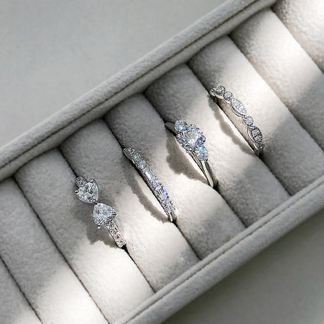 3-Stone Ring, Art Deco Half Eternity Ring, Milgrain Half Eternity Ring