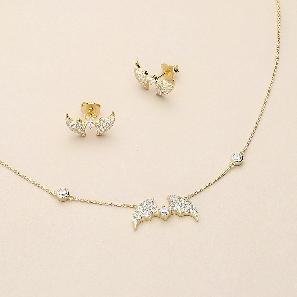 Flatlay view of Bat CZ Necklace in Gold Flashed Sterling Silver, 2 of 5