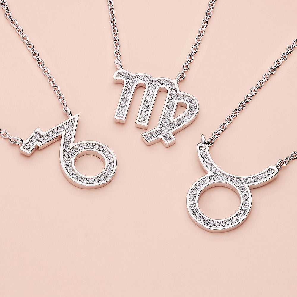 Flatlay view of Zodiac Sign CZ Necklace in Sterling Silver, Aries