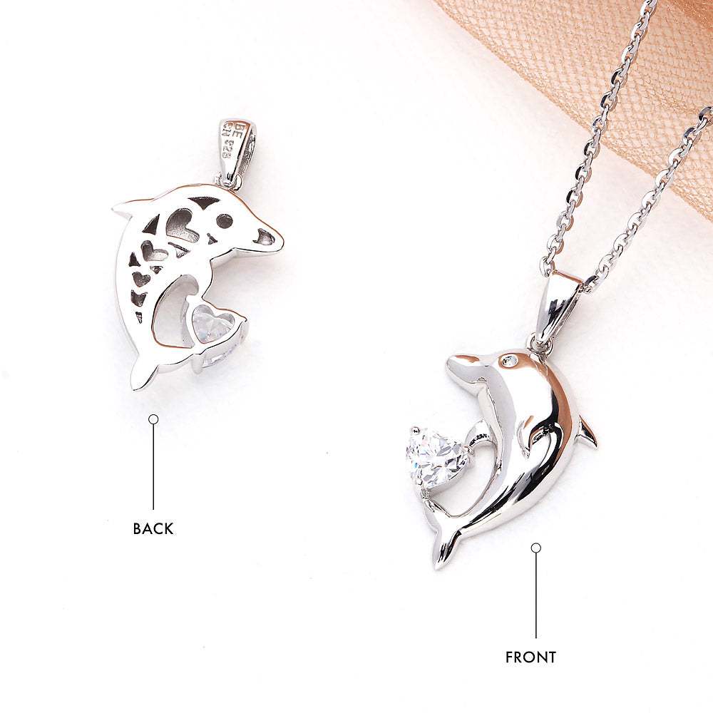 Flatlay view of Dolphin CZ Pendant Necklace in Sterling Silver, 5 of 7